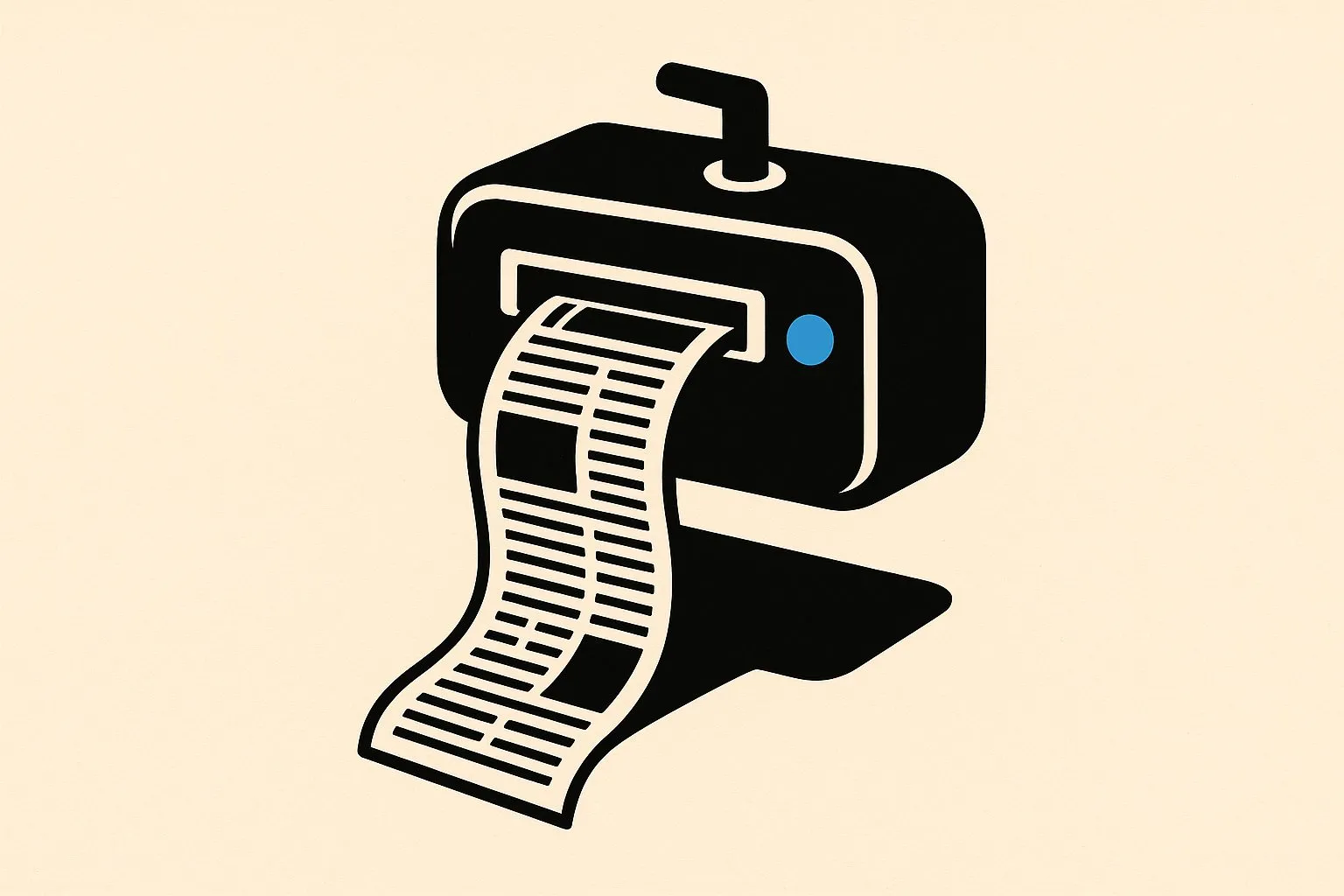 Vlakke illustratie van een taximeterachtig apparaat met een hendel bovenop; uit een gleuf komt een lange strook krantenpapier met lege kolommen en kaders. Het lampje op het apparaat is blauw, de rest is zwart-wit op crèmewitte achtergrond.