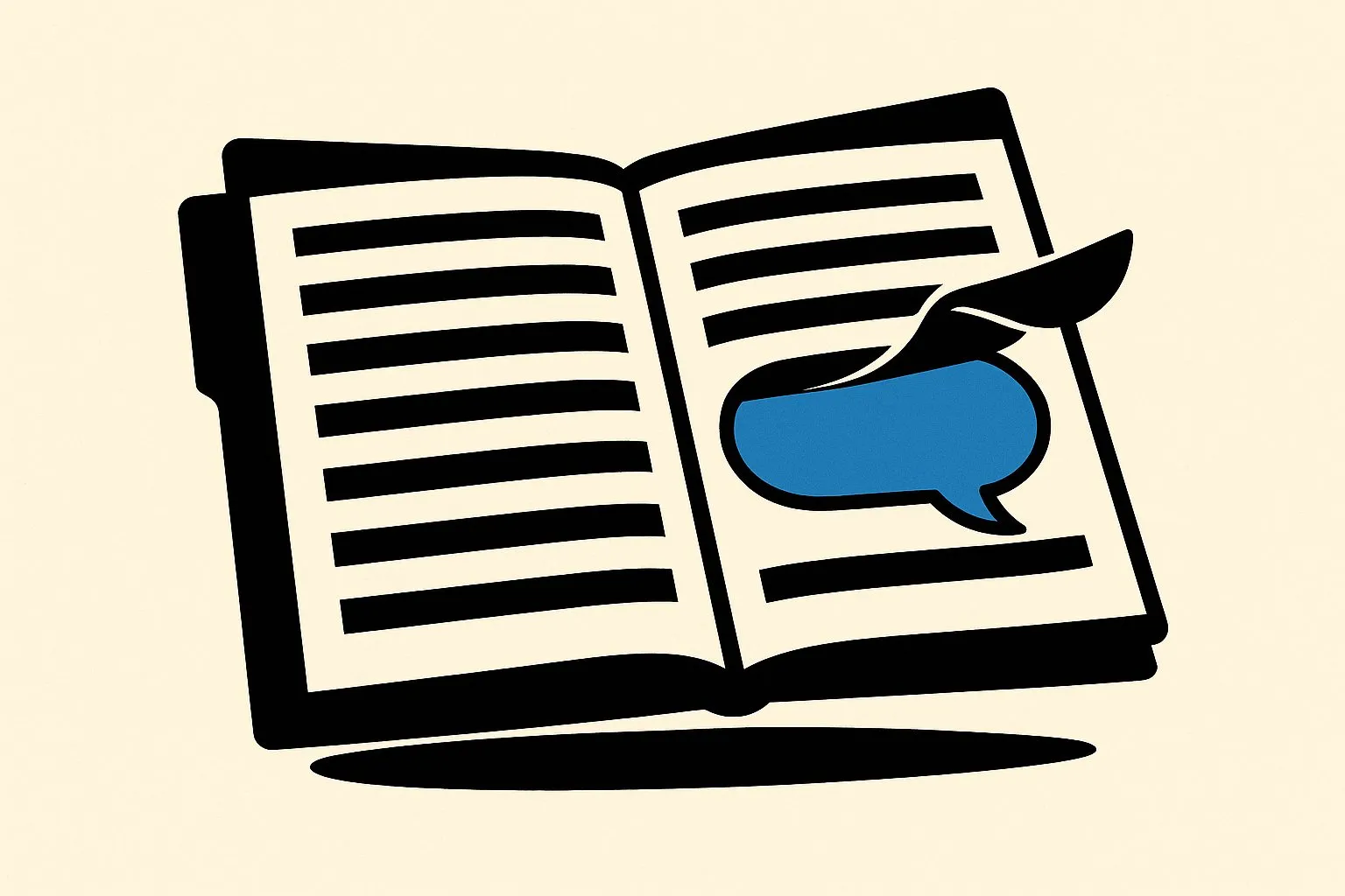 Platte zwart-witte illustratie van een opengeslagen dossiermap met uitwaaierende pagina's. Over de pagina's lopen brede zwarte balken; één balk krult bij de hoek omhoog en onthult een lege blauwe spreekballon. Crèmewitte achtergrond met een platte slagschaduw onder de map.