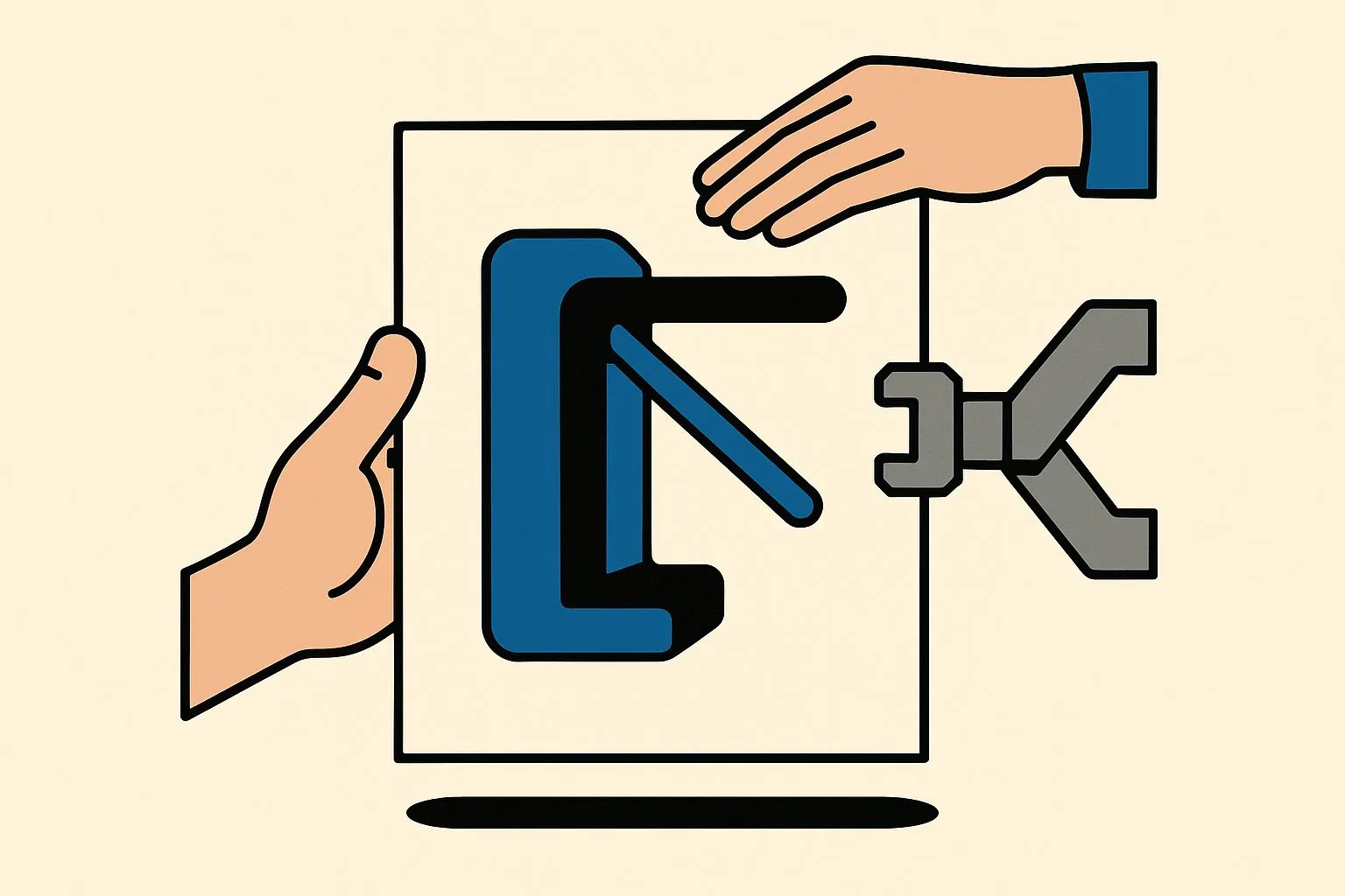 Platte illustratie: een mensenhand houdt links een vel papier vast, een robotklauw rechts. In het midden van het vel staat een blauwe poort met hendel, waar een tweede mensenhand op rust.